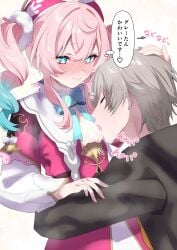 1boy absurdres black_shirt blue_eyes blue_hair breast_sucking breasts caelus_(honkai:_star_rail) closed_eyes dress female gradient_hair grey_hair hat highres honkai:_star_rail honkai_(series) hyacine_(honkai:_star_rail) multicolored_hair pink_hair shirt short_hair small_breasts speech_bubble thought_bubble tonomiya68 trailblazer_(honkai:_star_rail) twintails
