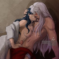 animal_ears aquarina canon_couple hakama handjob husband_and_wife inuyasha inuyasha_(character) kagome_higurashi kissing open_robe partially_dressed straight sweat