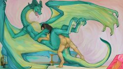 16:9 ambiguous_gender ambiguous_penetrated anal anal_sex ass balls bodily_fluids cassula_ovrata claws cum cum_inside diorionarh dragon duo feral feral_penetrated finger_claws genital_fluids genitals green_body green_claws green_horn green_nose_horn green_scales hi_res horn human human_on_feral human_penetrating human_penetrating_feral internal interspecies larger_penetrated long_neck male male/ambiguous male_on_feral male_penetrating male_penetrating_ambiguous mammal membrane_(anatomy) membranous_wings mythological_creature mythological_scalie mythology penetration pink_tongue scales scalie sex size_difference teeth toe_claws tongue tongue_out widescreen wing_claws wings zoophilia