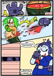 abs activision ami_bandicoot anthro ass bandicoot belt black_nose blue_body blue_fur blue_hair blue_nose blush blush_lines bodily_fluids border bottomwear bra clothed clothed_anthro clothed_female clothing comic crash_(series) dialogue duo english_text extended_arm extended_hand female freckled_face freckles fully_clothed fully_clothed_female fur green_bottomwear green_clothing green_hair green_pants hair hi_res kaokaoarts mammal marsupial mechanical_arm mechanical_hands muscular muscular_anthro muscular_female necktie nina_cortex orange_body orange_fur pain panties panties_removed pants partially_clothed partially_clothed_anthro partially_clothed_female snap sniffing sniffing_clothes speech_bubble tears text torn_clothing torn_panties torn_underwear underwear underwear_sniffing undressed wedgie white_border