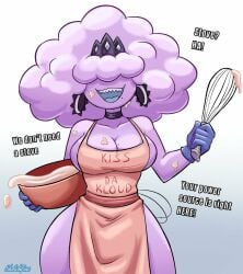 1girls apron apron_only big_breasts bowl breasts cloud cooking female mevia_(sketchfins) original original_character pointy_teeth sharp_teeth sketchfins smile talking talking_to_viewer text whisk