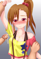 after_fellatio black_bra blush bra bra_strap brown_hair clothing cum cum_in_mouth cum_inside cum_string female futami_mami idolmaster long_hair male penis shirt tears uncensored