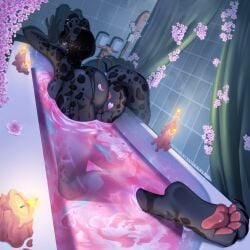 accessory anal anthro anus ass bath bath_bomb bathing bathroom bathtub big_breasts black_body black_fur black_hair blue_eyes bodily_fluids breasts candle candle_wax candlelight cherry_blossom claws detailed_background digital_media_(artwork) female fire flower fur furniture genital_fluids genitals hair hi_res hyena light looking_at_viewer mammal markings natural_plaid nipples nude pink_flower pink_water plant prunus_(flower) pussy shaded solo steam steaming steaming_body tail vaginal_fluids vaginal_penetration vulva water waterdrops wax wet wet_body wet_fur