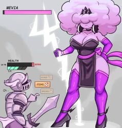 1boy 1girls battle big_breasts breasts cloud cloud_creature cloud_humanoid female fight fighting health_bar knight male mevia_(sketchfins) one_hand_on_hip original original_character sketchfins video_game_reference