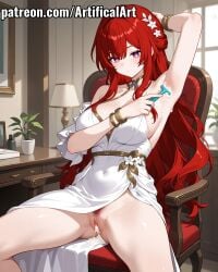 ai_generated armpits artifical_art bracelet clitoris cum cum_in_pussy female hair_ornament hands_behind_head honkai:_star_rail honkai_(series) hoyoverse jewelry light-skinned_female light_skin long_hair mihoyo perfect_body purple_eyes pussy pussy_hair red_hair shaving_armpits solo spread_legs tribios_(honkai:_star_rail)