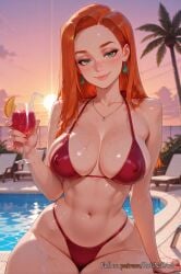 2025 ai_generated anime atom_eve bare_shoulders bikini blush breasts cleavage closed_mouth collarbone covered_nipples crossover cup drink drinking_glass earrings female female female_focus forehead freckles green_eyes highres holding holding_cup invincible invincible_(tv_series) jewelry large_breasts lips long_hair looking_away looking_to_the_side navel nsfw orange_hair outdoors palm_tree pool poolside red_bikini red_hair rognezart shiny shiny_skin sitting skindentation sky smile solo sunset swimsuit tree umbrella water wet