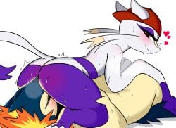 2025 3_toes accessory all_fours alternate_color alternate_species ambiguous_gender anthro ass blue_body blush blush_lines bodily_fluids claws closed_eyes clothing duo eyeshadow feet female female_facesitting_ambiguous fire generation_2_pokemon generation_5_pokemon hat hat_only headgear headgear_only headwear headwear_only heart_symbol hi_res looking_at_another looking_at_partner looking_back looking_back_at_another looking_back_at_partner lustballart lying makeup mammal mienshao mostly_nude multicolored_body nintendo on_back on_top pokemon pokemon_(species) purple_body purple_eyelids purple_eyeshadow raised_tail rear_view red_eyes reverse_facesitting seductive simple_background smile solo sweat sylvie_(wups) tail tan_body toes typhlosion whiskers white_background white_body