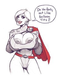 areolae big_breasts bimbo bolt_on_tits breasts busty confident dc dc_comics devil_hs female female_only huge_breasts large_breasts looking_at_viewer nipples power_girl presenting_breasts showing_off showing_off_breasts solo speech_bubble superman_(series) text