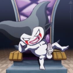 anthro balls big_penis chair demon dragon_ball dragon_ball_daima eye_markings furniture genitals gomah hi_res humanoid_genitalia humanoid_penis humanoid_pointy_ears looking_at_viewer male male_focus markings masturbation nude penis pointy_ears prismanoodle_(artist) simple_background smile solo throne throne_room what white_body