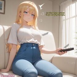 :i :t ^^^ ahoge ai_generated angry areola areola_slip arm_support artist_name bimbofication blonde_hair blue_eyes blue_pants blush body_control boob_window breast_expansion breasts breasts_bigger_than_head bursting_breasts busty busty_female cleavage closed_mouth collarbone comic controller couch covered_navel curtains day denim drawing_(object) english_text expansion feet_out_of_frame female game_controller gigantic_breasts hair_between_eyes high-waist_pants holding holding_remote_control huge_areolae huge_breasts hyper hyper_breasts indoors jeans large_breasts long_hair looking_at_viewer massive_breasts medium_breasts nipples oc on_couch open_mouth original original_character pants patreon_username phone picture_frame plant potted_plant pout puff_of_air remote remote_control shirt shirt_tucked_in shocked short_sleeves sidelocks sitting solo speech_bubble straight_hair sunlight surprised surprised_expression t-shirt tagme taut_clothes taut_shirt tented_shirt thighs tight_clothes tight_clothing torn_clothing transformation twitter_username v-shaped_eyebrows very_long_hair virusb90 voluptous voluptous_female watermark web_address white_shirt window wobbling_breasts