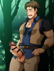 1boy balls balls_out biceps big_penis blush brown_hair censor_bar censored censored_penis embarrassed erection foreskin foreskin_folds forest frenulum frown fully_clothed gay hi_res holding_penis jerking looking_at_penis male male_only masturbation mature_male murakami_tarosu muscles muscular muscular_arms muscular_male one_eye_closed original original_character outdoors pecs penis penis_out pointless_censoring pubic_hair retracted_foreskin short_hair solo standing swamp sweat sweatdrop thick_penis thisarmor uncircumcised uncut unzipped unzipped_pants veiny_penis vest wanking wristband