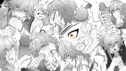 ! 2boys abs absurdres antenna_hair arm_tattoo black_tank_top blush chest_tattoo chinese_commentary chinese_text commentary_request doggo_0117 facial_tattoo fellatio gay gay_male greyscale hair_between_eyes handjob highres honkai:_star_rail honkai_(series) large_penis licking licking_penis male male_focus medium_hair monochrome multiple_boys mydei_(honkai:_star_rail) oral penis phainon_(honkai:_star_rail) red_tattoo short_hair spoken_exclamation_mark spot_color tank_top tattoo toned toned_male topless_male translation_request white_sleeves yaoi