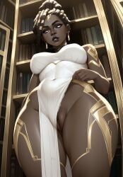 1girls ai_generated arcane ayyaai big_breasts big_lips bookshelf brown_skin child_bearing_hips dark-skinned_female dress earrings fat_thighs flashing_pussy gold_(metal) gold_jewelry league_of_legends library low-angle_view mel_medarda pelvic_curtain pussy solo solo_female solo_focus thick_thighs wide_hips