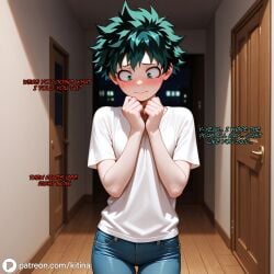 1boy ai_generated clothed cuck cuckold embarrassed english_text female femboy femdom green_eyes green_hair humiliation izuku_midoriya jeans kitina light-skinned_male light_skin male midoriya_izuku my_hero_academia nervous shy solo standing tagme text white_shirt