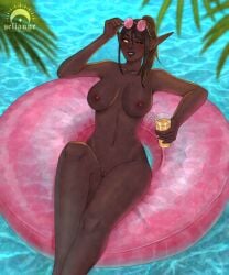 2d 2d_(artwork) 2d_artwork blizzard_entertainment blood_elf blood_elf_female blood_elf_mage breasts breasts breasts_out dark-skinned_female dark_hair dark_skin drink elf elf_female female_only friscie golden_eyes mage nude nude_female ponytail pool selianne summer sunglasses sunglasses_on_head warcraft watercolor watercolor_(artwork) world_of_warcraft