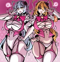 2girls alternate_costume big_breasts breasts cleavage dankestsin don_quixote_(limbus_company) female huge_breasts large_breasts limbus_company lobotomy_corporation looking_at_viewer magical_girl muscles peace_sign project_moon queen_of_hatred revealing_clothes