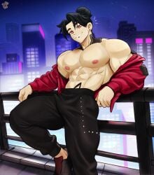 1boy against_fence black_earrings black_hair black_hair_male black_pants bulge bulge_under_clothes bun_hair chignon city city_background city_lights cityscape defined_muscles earring earrings folds human jacket jacket_around_arms jacket_off_shoulders jacket_open kingdom_velvet looking_at_viewer lying_on_back male muscles muscular muscular_male night night_sky notice_lines oc original_character partially_clothed partially_clothed_male partially_nude partially_nude_male red_eyes red_eyes_male red_jacket red_jacket_vest smile smiling smiling_at_viewer solo solo_male tattoo tattoo_on_neck tattooed_neck tattoos text text_on_clothing tight_clothes tight_clothing topless topless_male translation_request vincent_(kingdom_velvet) watermark