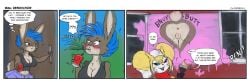 2025 anthro anus bandai_namco beverage big_breasts biped bite_mark black_clothing black_sclera black_shirt black_topwear blue_eyes blue_hair blush blush_lines bottomwear breasts brown_body brush cleavage clothed clothing comic countershade_face countershade_tail countershade_torso countershading crop_top denim denim_bottomwear denim_clothing denim_shorts dialogue digimon digimon_(species) dipstick_ears ear_markings ear_piercing ear_ring english_text eyewear female genitals glasses hair hat headgear headwear hi_res holding_beverage holding_brush holding_object holding_paintbrush hybrid impmon lagomorph leporid mammal markings midriff mohawk multicolored_ears ninabun_(s-nina) paint paintbrush piercing pink_nose pussy rabbit renamon renimpmon ring_piercing round_glasses s-nina scut_tail shirt short_tail shorts solo speech_bubble spit-take tail tank_top text thought_bubble topwear vulva wearing_glasses white_body white_countershading white_markings yellow_body