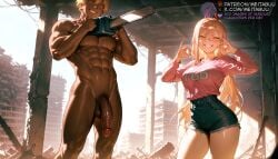 1boy _teeth abs ai_generated alternate_breast_size balls blonde_hair blue_shorts breasts chainsaw chainsaw_man clothed_female_nude_male completely_nude cross-shaped_pupils cutoffs dark-skinned_male dark_penis dark_skin demon_girl demon_horns denim denim_shorts denji_(chainsaw_man) female flaccid fox_shadow_puppet grin hair_between_eyes high-waist_shorts holding horns huge_cock interracial large_breasts large_penis long_hair long_sleeves looking_at_viewer male meitabuu navel nipples nude orange_eyes outdoors penis pink_shirt pink_sweater power_(chainsaw_man) red_horns ruins shirt shirt_tucked_in short_hair short_shorts shorts smile standing straight symbol-shaped_pupils teeth testicles thighs uncensored veins veiny_penis yellow_eyes