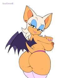 anthro areola ass bat breasts brown_areola brown_nipples clothed clothing colored_nails eyeshadow female fur looking_at_viewer looking_back looking_back_at_viewer makeup mammal nails narrowed_eyes naughty_face nipples rouge_the_bat sega short_stack signature simple_background smile solo sonic_(series) sonic_the_hedgehog_(series) tan_body tan_skin topless topless_anthro topless_female totesfleisch8 white_body white_fur wings