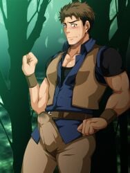 1boy biceps big_penis blush brown_hair embarrassed erection erection_under_clothes forest frown fully_clothed gay hi_res looking_at_penis male male_only mature_male murakami_tarosu muscles muscular muscular_arms muscular_male original original_character outdoors pecs precum precum_through_clothing short_hair solo standing swamp sweat sweatdrop thick_penis thisarmor vest wristband