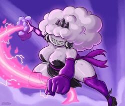 1girls big_breasts breasts cloud cloud_creature cloud_humanoid female mevia_(sketchfins) original original_character pointy_teeth sharp_teeth sketchfins smile solo superpowers thighs