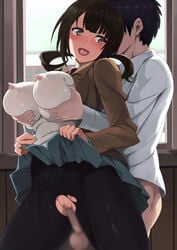 10s areolae big_breasts black_hair blue_skirt blush bottomless breast_grab breasts brown_eyes building censored cowboy_shot female grabbing grabbing_from_behind groin highres indoors large_breasts legs long_sleeves looking_back mosaic_censoring nipples no_panties open_mouth pantyhose penis pussy sawa_okita school_uniform see-through sex shin'ya_(shin'yanchi) skirt skirt_lift smile standing straight tari_tari tears thighs torn_pantyhose twintails vaginal_penetration white_shirt