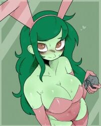 1girls 2025 2d artist_request big_breasts blush brown_eyes bunny_ears bunny_girl bunnysuit busty cleavage deviantart_link equestria_girls fake_animal_ears female female_only green_background green_body green_hair green_skin hasbro holding_object human human_female long_hair looking_at_viewer my_little_pony no_ai pink_clothing pink_elbow_gloves pink_gloves pink_legwear pink_leotard playboy playboy_bunny shiny_skin solo sweat sweatdrop sweating twitter_link wallflower_blush_(eg) western_cartoon young younger_female