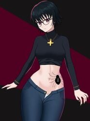 1girls black_hair black_sweater blue_jeans chains dark_hair female glasses hunter_x_hunter jeans looking_at_viewer nail_polish pindoragon shizuku_murasaki simple_background solo tattoo tummy