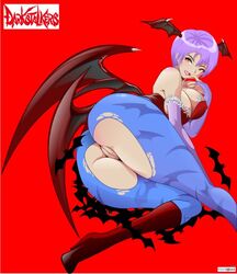 bat_wings breasts capcom cleavage clothing darkstalkers demon_girl female head_wings high_heel_boots high_heels large_breasts leotard lilith_aensland pussy succubus tl@lock torn_clothes