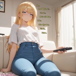 ai_generated areola areola_slip arm_support artist_name bimbofication blonde_hair blue_eyes blue_pants blush body_control boob_window breast_expansion breasts breasts_bigger_than_head bursting_breasts busty busty_female cleavage closed_mouth collarbone comic controller couch curtains day denim english_text expansion feet_out_of_frame female from_below frown game_controller gigantic_breasts high-waist_pants holding holding_remote_control huge_areolae huge_breasts hyper hyper_breasts indoors jeans large_breasts leaning_back long_hair looking_at_viewer massive_breasts medium_breasts nipples oc on_couch open_mouth original original_character pants patreon_logo patreon_username picture_frame plant remote remote_control shirt shirt_tucked_in shocked short_sleeves sidelocks sitting small_breasts solo speech_bubble straight_hair surprised surprised_expression t-shirt tagme television thick_thighs thighs tight_clothing torn_clothing transformation twitter_username v-shaped_eyebrows virusb90 voluptous voluptous_female watermark white_shirt window wobbling_breasts
