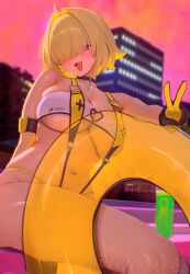 1girls absurdres blonde_hair blush breasts choker clothing_cutout elegg_(boom_and_shock)_(nikke) elegg_(nikke) female game_controller_print gloves goddess_of_victory:_nikke hair_intakes hair_over_eyes heart_cutout highres holding huge_breasts innertube large_breasts looking_at_viewer navel one-piece_swimsuit open_mouth short_hair slingshot_swimsuit smile solo stomach swim_ring swimsuit teeth yellow_one-piece_swimsuit yellow_slingshot_swimsuit