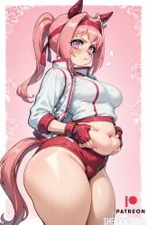 1girls ai_generated belly_grab big_ass big_breasts chubby embarrassed eyelashes eyeliner gradient_eyes haru_urara_(umamusume) pink_background pink_eyes pink_hair plump pout see-through shewwwhore tears thick_thighs umamusume