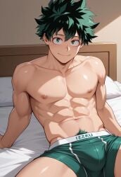 1boy abs ai_generated arm_support bed boku_no_hero_academia boxer_briefs bsky_link bulge civitai dvxxxgrai gay green_boxer_briefs green_male_underwear green_underwear illustrious_(stable_diffusion) indoors izuku_midoriya lying_on_bed male male_only midoriya_izuku my_hero_academia navel nipples nude smile solo solo_male tagme underwear underwear_only yaoi