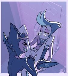 bathroom clothed fingering pleasure_face smirk travis_(hazbin_hotel) vox's_assistant_(hazbin_hotel)