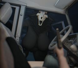 1boy 1girls 3d 3d_(artwork) anthro big_breasts black_body black_fur black_hair breasts car car_interior female gun human inminent_sex inside_car looking_at_another looking_at_viewer mal0 male male_pov malo monster_girl motor_vehicle naked naked_female nipples nude nude_female open_mouth pov scp-1471 scp-1471-a scp_foundation skull_head steering_wheel surprised tagme vensaku wolf wolf_girl