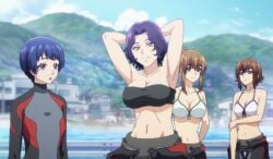 4girls aina_yoshiwara armpit_fetish armpits arms_behind_head big_breasts bra breasts brown_eyes brown_hair diving_suit female female_only grand_blue hamaoka_azusa kotegawa_chisa kotegawa_nanaka light-skinned_female light_skin longhair purple_eyes purple_hair short_hair smile smiling standing