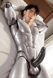asian_male cum cum_on_penis cute_male freaky futuristic hands_behind_head in_bed jinu_(kpop_demon_hunters) korean_male kpop_demon_hunters mecha metal_penis netflix robot robot_boy robot_penis robotic robotization smile smiling_at_viewer smirk smirking smirking_at_viewer