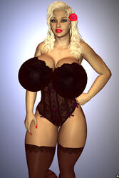 1girls 3d bare_shoulders big_breasts blonde_hair blue_eyes busty cleavage curvy detailed_background female female_only flower footwear front_view hair_flower hair_ornament hourglass_figure human legwear leotard lingerie lipstick long_hair looking_at_viewer makeup nail_polish pose posing red_lipstick sally_(xskullheadx) shiny shiny_skin solo standing stockings voluptuous wide_hips xskullheadx yellow_hair