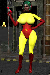 1girls 3d big_breasts blue_eyes bodysuit busty cleavage curvy detailed_background elbow_gloves erect_nipple erect_nipples eyelashes female female_only front_view gloves green_hair helmet high_heel_boots high_heels holding_object hourglass_figure human leotard nipple_bulge original_character outdoor outside pose posing red_gloves short_hair solo space standing thong voluptuous weapon wide_hips xskullheadx