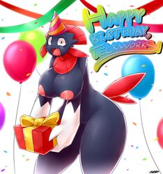 1girls 2016 anthro areolae averyshadydolphin balloon belly big_ass big_breasts big_eyes big_hands birthday black_eyes black_fur blue_fur breasts claws confetti digital_media_(artwork) english_text erect_nipples fangs female female_only fingers fur furry gift hat hi_res looking_at_viewer nintendo nipples nude open_mouth original_character party_hat pokémon_(species) pokemon pokemon_dppt present pussy red_fur small_head small_pupils smile solo standing tail teeth text thick_thighs tongue video_games watermark weavile white_background wide_hips