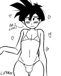 1boy androgynous balls_in_panties bikini crossdressing dragon_ball dragon_ball_z femboy feminine_male girly lunaxxx male monochrome moose_knuckle panty_bulge penis_bulge penis_in_panties rough_sketch solo son_gohan son_gohan_(young) testicle_bulge trap