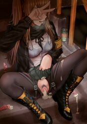 1girls after_sex armband belt boots bra brown_hair can clothing condom covering_face cum cum_in_pussy cum_inside cum_on_body cum_on_clothes cum_on_lower_body cum_pool female girls'_frontline heavy_breathing highres jacket long_hair miniskirt open_mouth pleated_skirt pubic_hair public_use pussy see-through shirt skirt skirt_lift solo spread_legs stairs straight testame thighhighs torn_clothes twintails ump9_(girls'_frontline) underwear used_condom v white_shirt