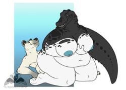 2017 alligator alpha_channel andybear areola bear belly big_belly big_breasts big_tail black_eyes black_nose black_scales blue_background blue_eyes breasts canine cowgirl_position crocodilian eye_contact female fur gradient_background holding_breast long_tail looking_back looking_up lying magpiehyena magpiehyena_(character) male mammal navel nude on_back on_top on_top_of overweight overweight_female polar_bear reptile scales scalie sex signature simple_background sitting size_difference smile teeth thick_thighs transparent_background white_fur white_scales wide_hips wings