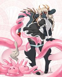 2018 alicia_carver anthro clothed clothing dragon female flat_chested hair horn long_hair luckypan maid_uniform pussy_juice scalie standing tentacle uniform white_hair