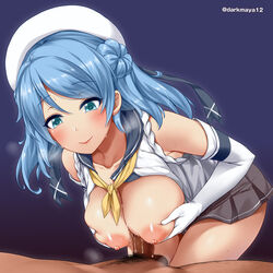 1boy blue_background blue_eyes blue_hair blush breasts breasts_out darkmaya double_bun elbow_gloves faceless_male female gloves grabbing_own_breast hair_bun hat kantai_collection large_breasts long_hair male_pubic_hair neckerchief nipples paizuri penis pubic_hair school_uniform serafuku skirt sleeves_rolled_up solo_focus twitter_username urakaze_(kantai_collection) white_gloves white_hat