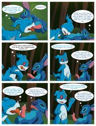 2018 absurd_res alien balls black_eyes blue_body blue_fur blue_nose chest_tuft closed_eyes comic crossover cum cum_in_mouth cum_inside cum_on_hand cum_on_penis dialogue digimon disney duo english_text erection experiment_(species) forehead_marking fur gay head_tuft hi_res implied_bestiality licking licking_lips lilo_and_stitch male male_only oral orgasm oriont penis red_eyes speech_bubble stitch text thought_bubble tongue tongue_out tuft vee_stitch veemon yaoi