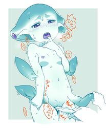 anthro blue_skin blush breasts cum disembodied_hand duo edit female fin fish_girl humanoid japanese_text multi_eye nintendo nipples ocarina_of_time om om_(artist) om_(nk2007) open_mouth princess_ruto_(young) purple_eyes pussy pussy_juice saliva small_breasts solo_focus sweat text the_legend_of_zelda tight_pussy tongue video_games young zora