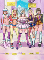 5girls alley background bare_shoulders big_breasts bikini_top bimbo blonde_hair boots breasts brown_hair cameltoe choker clothed clothed_female clothing comic crop_top detailed_background dress english_text female female_only fishnets footwear frills front_view full_body fully_clothed fur_trim ginny_(tekuho) glasses gryffindor heels high_heels highheels hourglass_figure july_(tekuho) kneehighs kneesocks lineup lipstick long_hair lowleg lowleg_skirt micro_bikini microskirt mini_skirt miniskirt multiple_girls open_clothes open_shirt original outside panties pink_panties plaid plaid_skirt platform_heels red_hair revealing_clothes ribbons roxane_(tekuho) sandy_(tekuho) school_uniform schoolgirl shiny_skin shoes short_hair short_pants short_shorts shorts skimpy skimpy_clothes skirt small_breasts socks standing stiletto_heels stockings student summer_(tekuho) suspenders take_your_pick tekuho text thigh_highs thighhighs tied_hair tubetop twintails underboob underwear upskirt