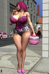 3d 3girls alternate_version_available back_view bare_shoulders belt big_breasts black_hair boots busty car cleavage curvy denim denim_shorts detailed_background dress eyelashes female female_only front_view high_heel_boots high_heels holding_object hourglass_figure human leotard lipstick long_hair makeup marielle midriff multiple_females multiple_girls nail_polish original_character outdoor outside pink_hair pink_lipstick ponytail pose posing shadow shiny shiny_skin short short_shorts standing thong voluptuous walking wide_hips xskullheadx